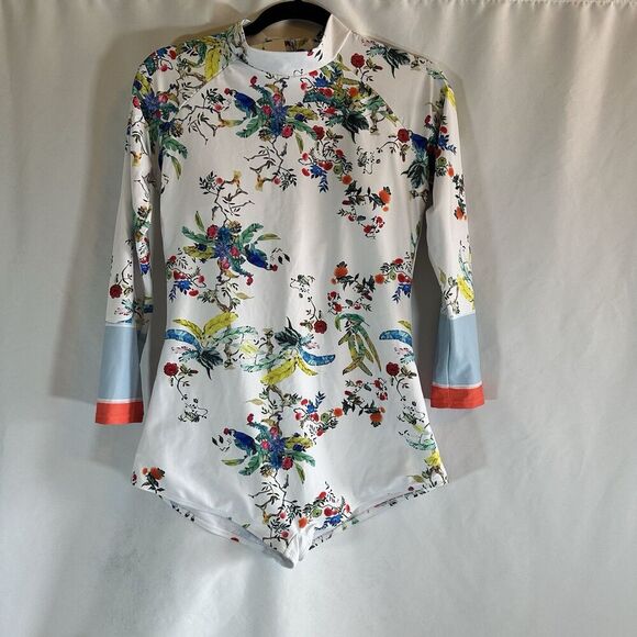 Funny Girl Sz XL One Piece Swimsuit  White & Tropical Zipper Padding Summer - Picture 2 of 14